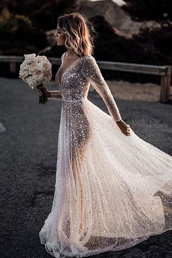 Bling Lace A-line Deep V-neck See Through Long Sleeves Wedding Dresses, MW572 | sparkly wedding dresses | long sleeves wedding dresses | wedding gowns | www.musebridals.com